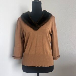 U-Knit Silk Blend Sweater with removable Faux Fur Collar vintage appeal Sz Large